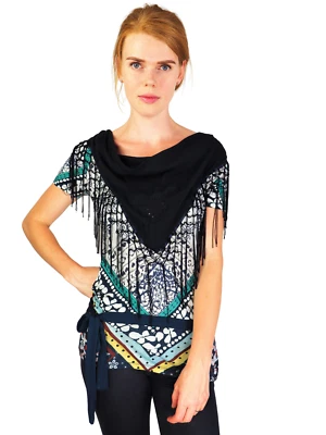 DESIGUAL Kurzarm-Stretch-Cowl-Ausschnitt mit Fransen-Jersey-Top Shirt Größe M - Bild 1 von 4