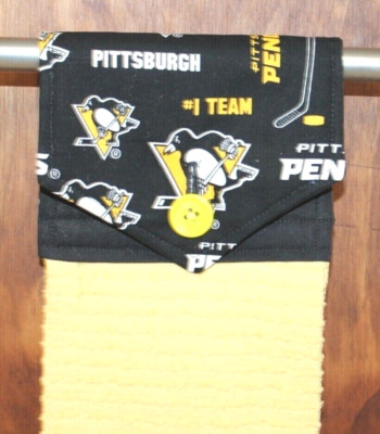 PITTSBURGH PENGUINS PRINT HANDMADE HANGING KITCHEN TOWEL YELLOW COTTON TOWEL
