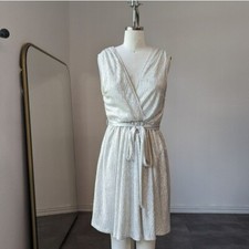 Lulus Mini Party Dress Metallic Sliver S holiday cocktail NYE evening Faux Wrap