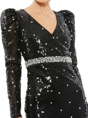 え Mac Duggal Gown Dress Size 8 Black Sequin Rhinestone Formal High