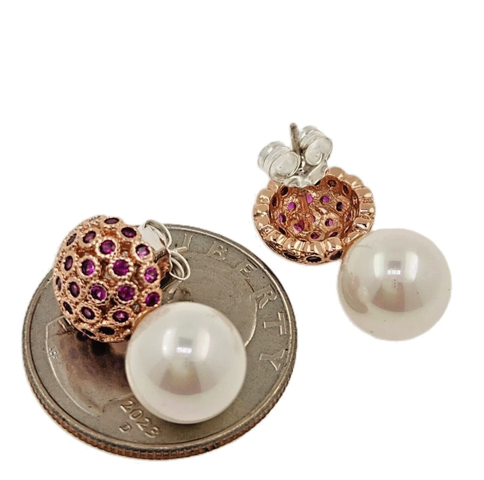 925 Sterling Silver 10mm White Pearl Red Ruby 3/4'' Earrings Rose Gold Plated - Изображение 2 из 2