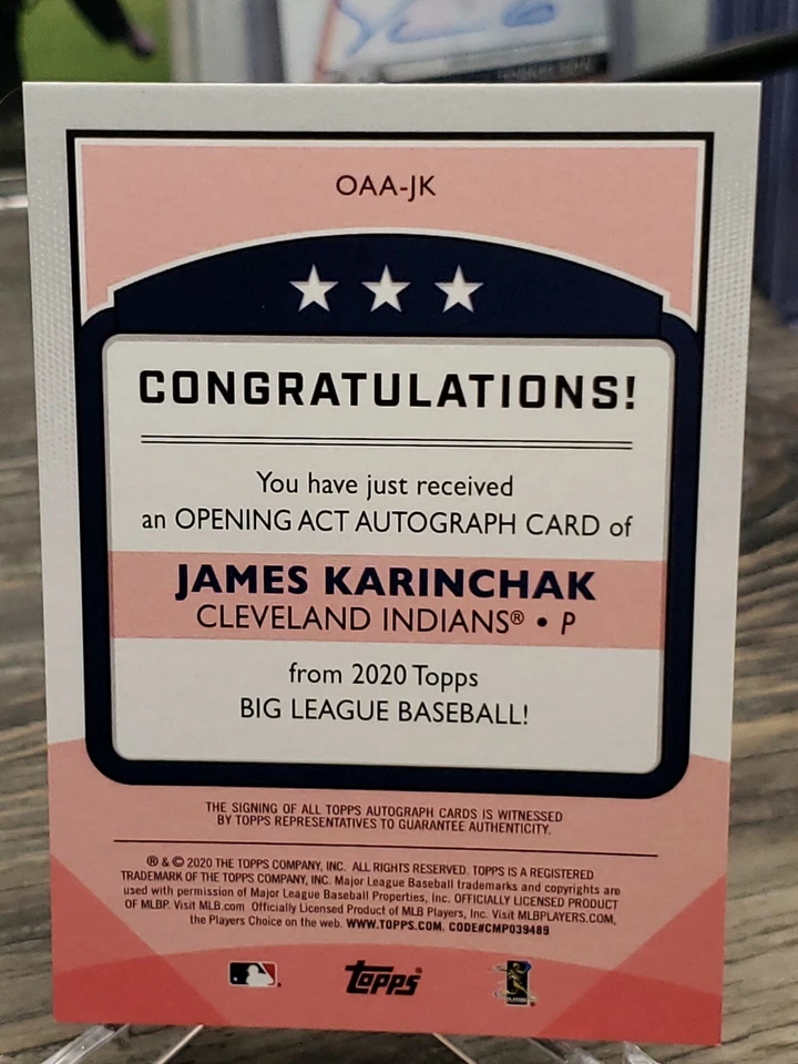 2020 James Karinchak Topps Big League Rookie Auto Opening Act CLEVELAND - Image 2 of 2