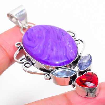 Charoit, Granat Edelstein Handarbeit 925 Sterling Silber Schmuck Anhänger 2,48'' r09