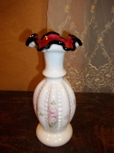 Fenton MUSEUM COLLECTION Beaded Melon 9" VASE Rose Black Crest SIGNED Milk Glass