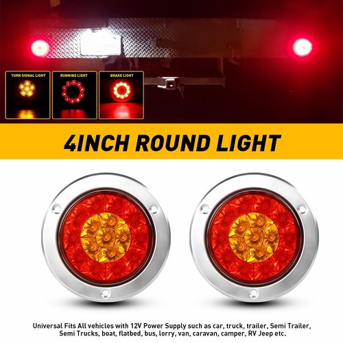 2x Round Red/Amber 16 LED Truck Trailer Brake RV Stop Turn Signal Tail
