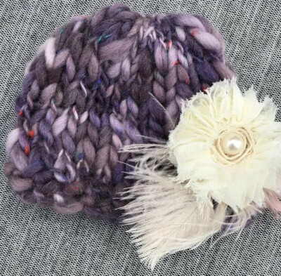 Newborn Baby Girl NEW Hand Knit Purple Chunky Hat Removable Flower Clip 