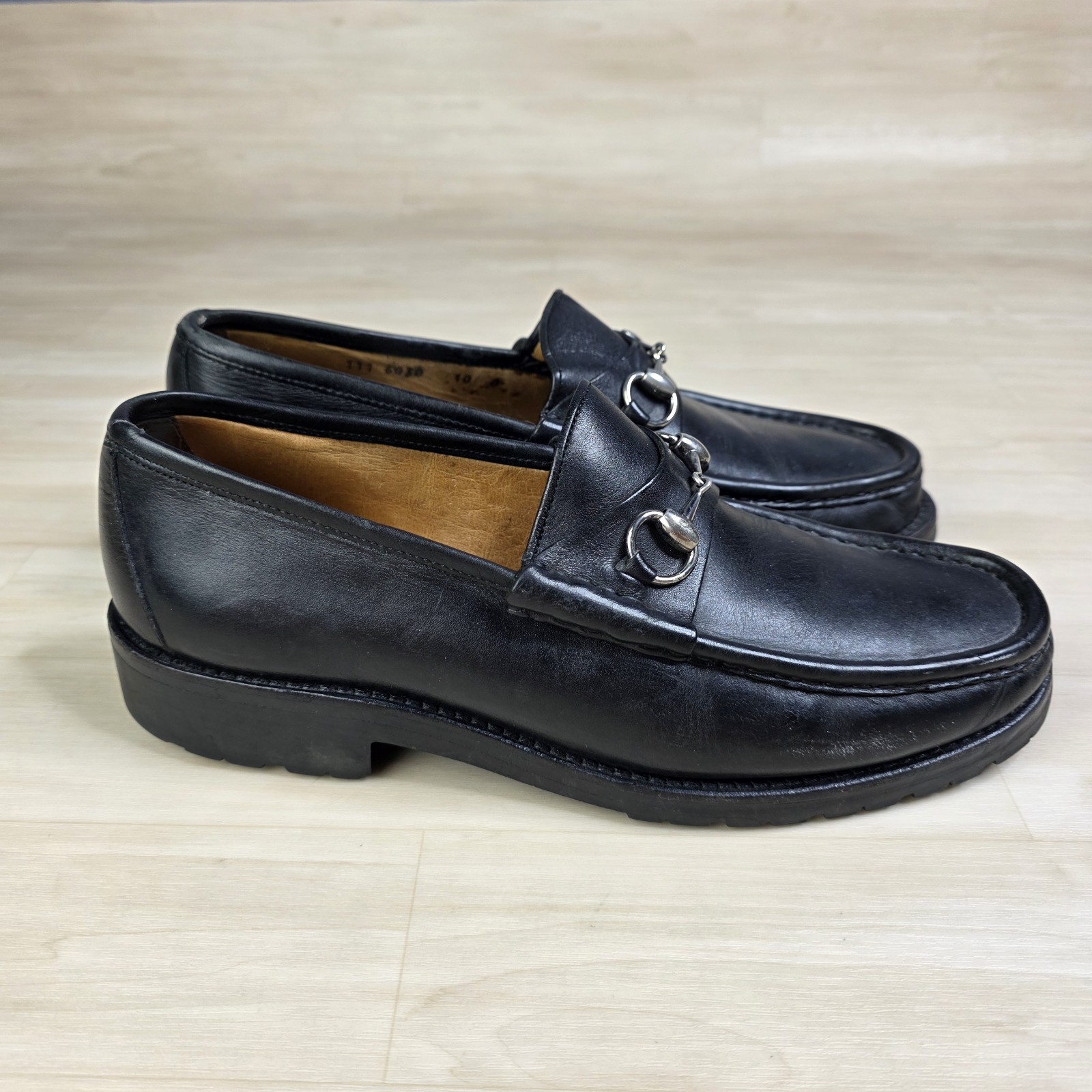 SAOLA Mocassini Gucci Lug Sole Horse Bit in pelle nera da uomo taglia 10 stile D# 111 6030