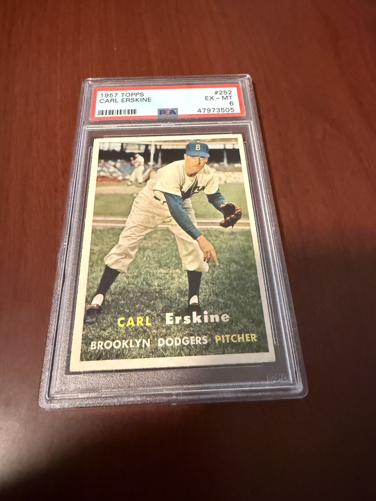 1957 Topps #252 Carl Erskine. PSA 6 EX/MT