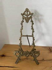 VTG Brass Scrolled Filigree & Floral Easel Display Stand 10" High Art Holder