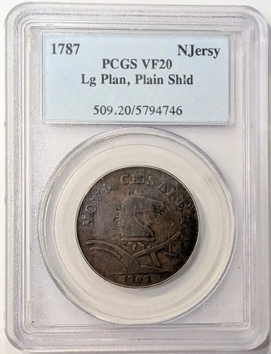 1787 Colonial Issue New Jersey Copper PCGS VF-20 BN Large Planchet Plain Shield