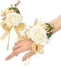 Ayieyill Ivory Rose Wrist Corsage Wristlet Band Bracelet and Boutonniere Set for