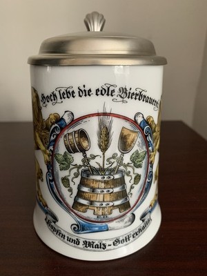 German Sandizell Porcelain Hoch lebe die edle Bierbrauerei Beer Stein Zinn Lid