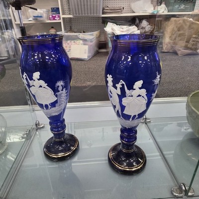 Vintage Pair - MARY GREGORY BARBER  BOTTLE Vases - COBALT BLUE - Hand Painted