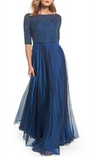 La Femme Womens Embellished Bodice Tulle Ballgown 4 Blue - NWT 498
