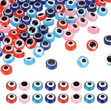200 Pcs 8mm Resin Flat Round Evil Eye Bead, Pink/Light Blue/Red/Blue