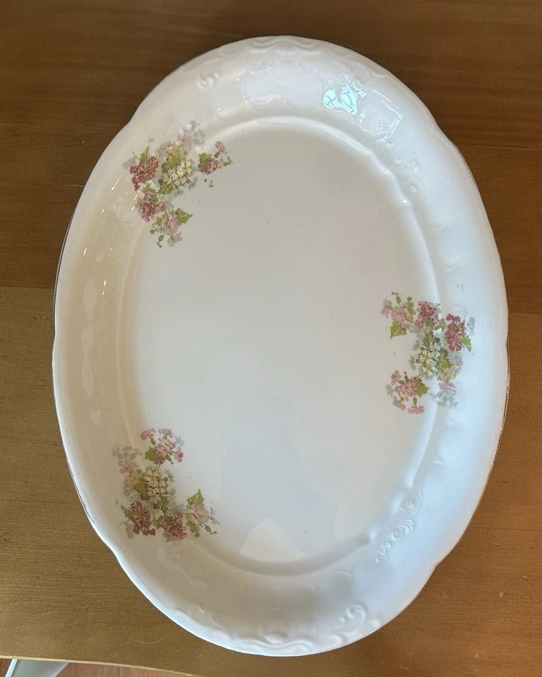 Antique Sevres Platter Pink Floral Green Fleur de lis Mark Cottagecore 15x11.25 - Image 4 of 4