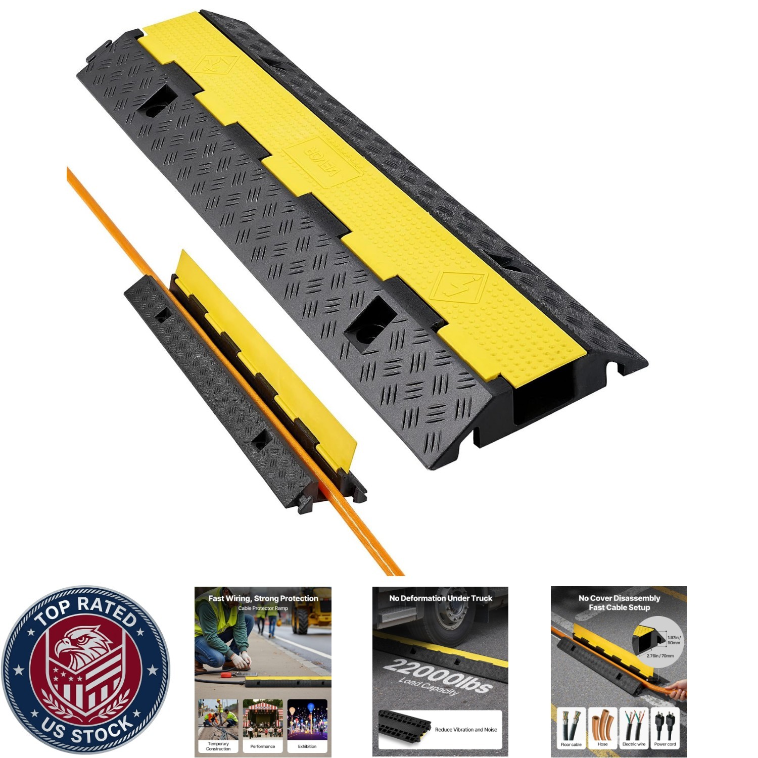 Cable Protector Ramp, 1 Channel Heavy Duty 39.37'' Rubber Cord Hose Wire Cover,