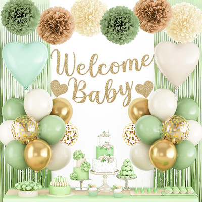 Salbeigrün Gold Babyparty Deko, Willkommen Baby Banner mit Sand Weiß Grün