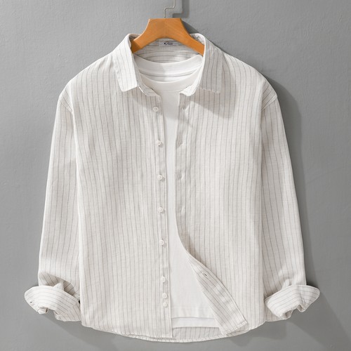 Men's Long Sleeve Button Up Striped Shirt Casual Spring Loose Top Linen Blend Sz