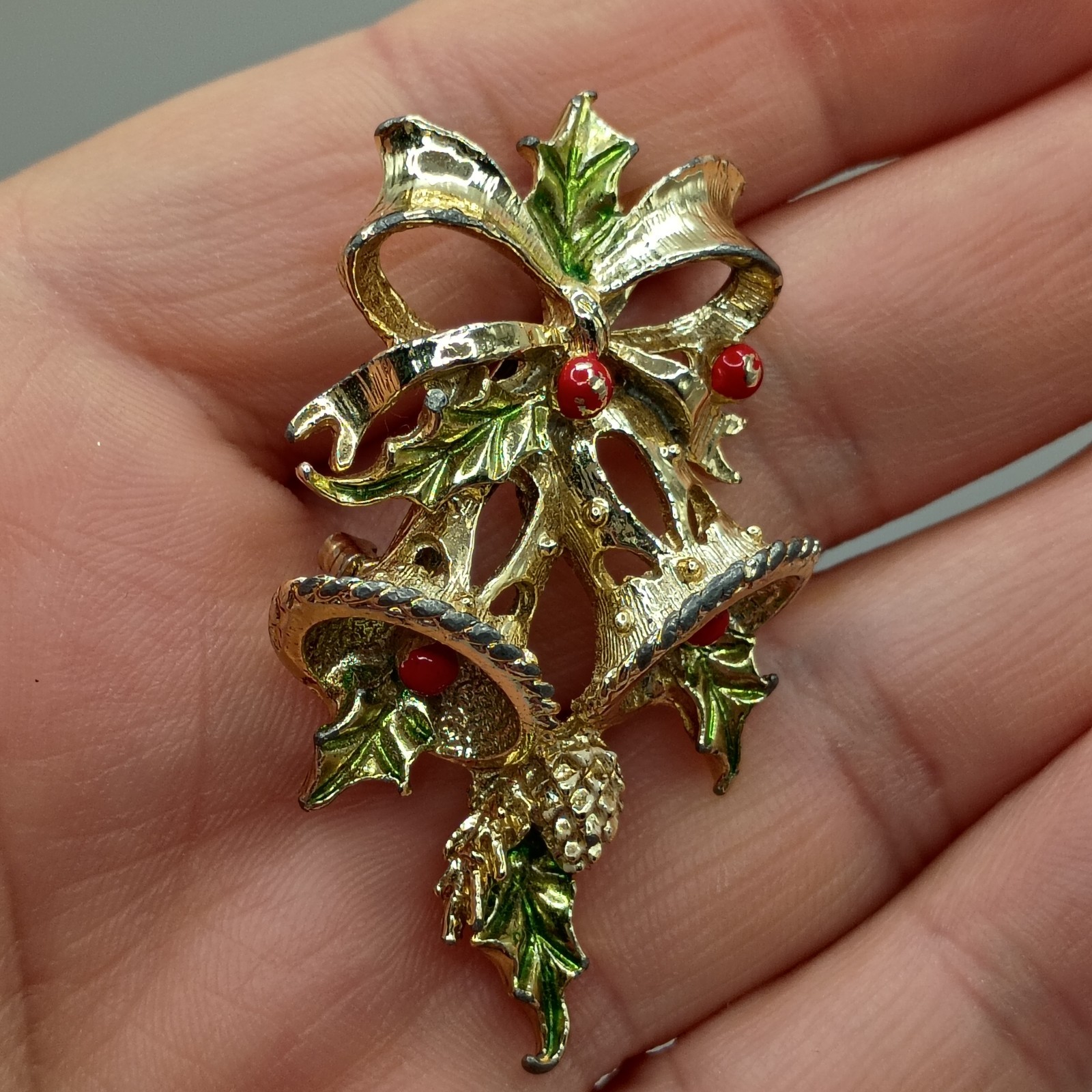 Vintage Christmas Bells Brooch Pin Gerry's Enamel Holly Berries Gold Tone
