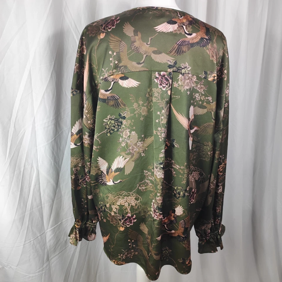 All Saints Penny Peggy Womens Khaki Green Satin Top Faux Wrap Size UK 16 Floral - Image 2 of 4