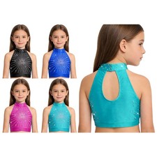 Girls Vest Mock Neck Shirt Performance Crop Top Sparkling Costume Gymnastics