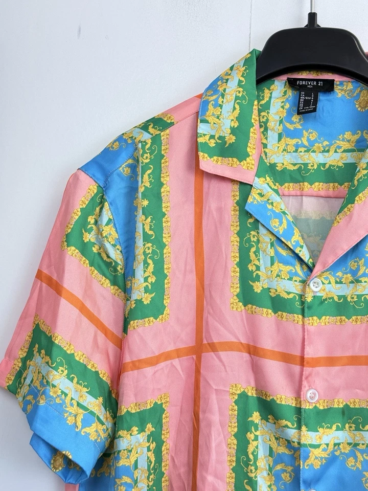 Forever 21 Men’s Size L Baroque Short Sleeve Button Down Shirt Pink, Green - Image 3 of 4
