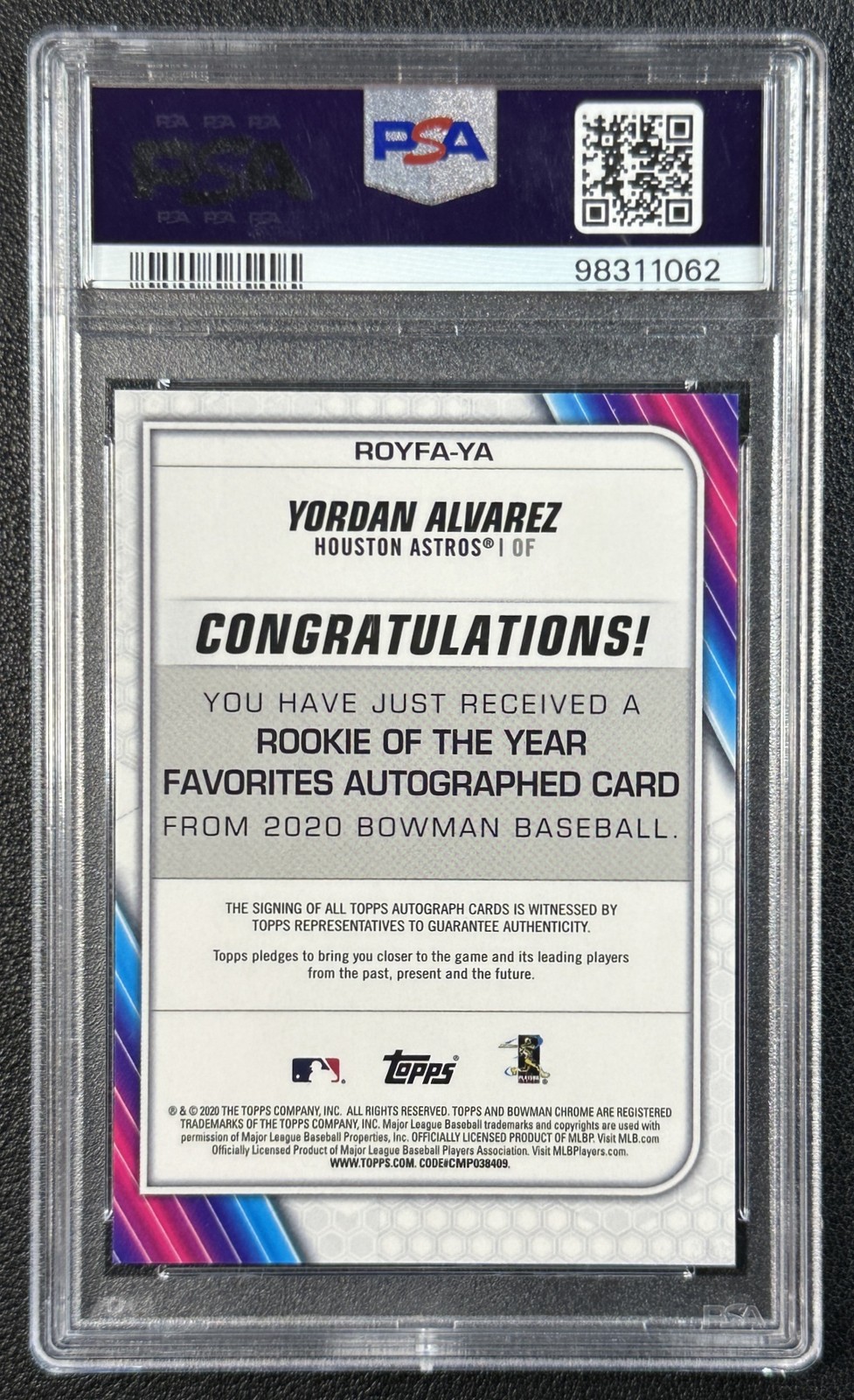 YORDAN ALVAREZ PSA 10 2020 BOWMAN CHROME ROY FAV. GOLD REFRACTOR AUTO RC 43/50 view 2