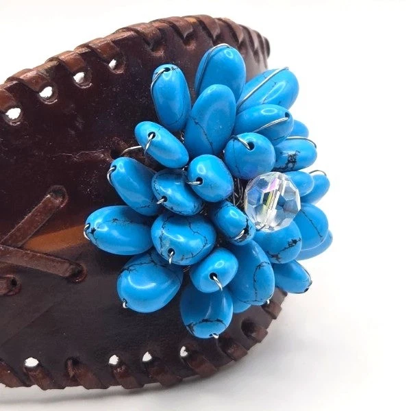 Hand-Crafted Flexible Adjustable Leather Cuff Bracelet with Blue Howlite Cluster - Image 4 of 4