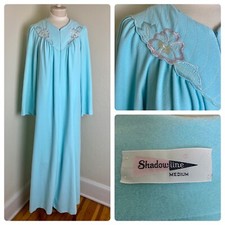 VTG 70's Teal Aqua Shadowline Fleece Nightgown Bathrobe Floral Embroidery Warm M