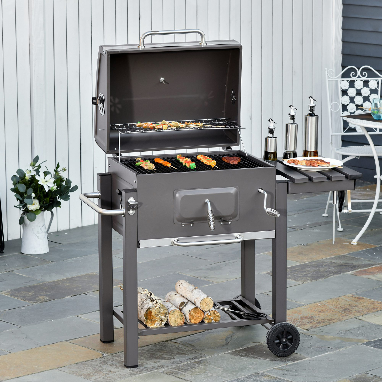 Outsunny - Barbacoa De Carbón Vegetal Con Ruedas Estante Parilla Barril Carro De Bbq Picnic En Oferta Barbacoa De Carbón Vegetal Con Ruedas Estante Parilla Barril Carro De Bbq Picnic