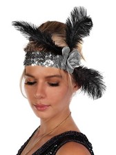 Flapper 1920's Fashion Headband Sequin Rose Feathers Costume Gatsby Party SILVER