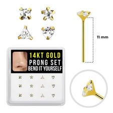 12PCS 14K Solid Gold 22G 11mm Bendable Fishtail Nose Stud Clear Crystal CZ
