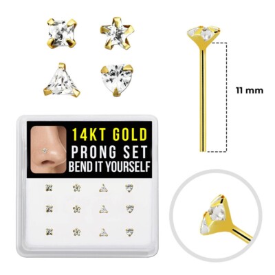12PCS 14K Solid Gold 22G 11mm Bendable Fishtail Nose Stud Clear Crystal CZ