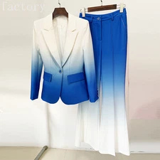 Womens Runway Fashion 2 Pcs Uits Blazer Gradual Color Slim Suit +horn Trousers