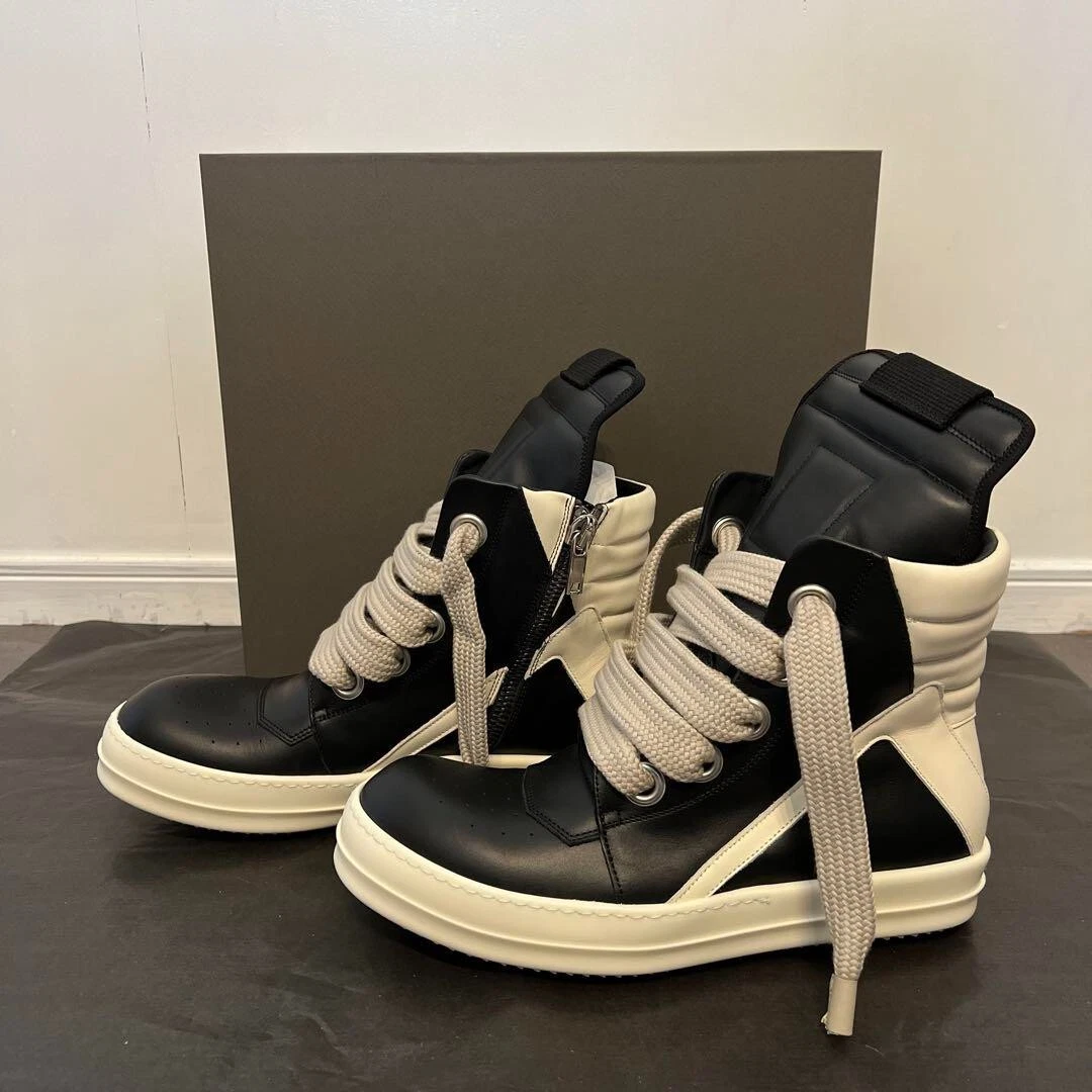 Rick Owens Men's GEOBASKET Jumbo Lace Leather High Top Sneakers Black Size 42