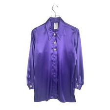 Vintage 80s Women's Purple Satin Tunic Shirt Pearl Buttons Made in USA Size S