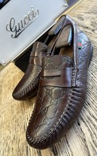 Mens Brown GG Gucci Supreme Leather Loafers Drivers Sz 8 G / 9 US Made In ITALY