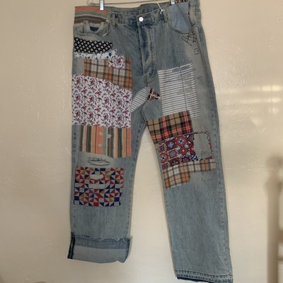 mnml Blanket Patchwork Baggy Jeans Bohemian Quilt Sz 42 Big Tall Relax Distress