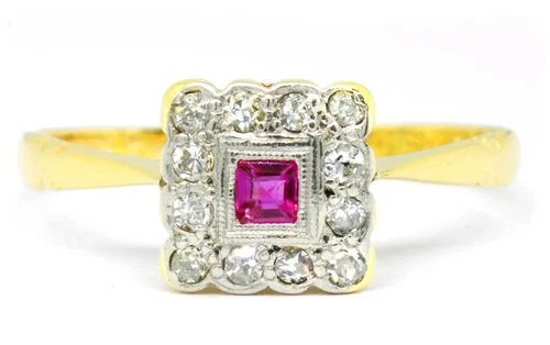 Edwardian Style Lab-Created Ruby, Diamond Engagement Ring 14K Yellow Gold Finish - Picture 2 of 10
