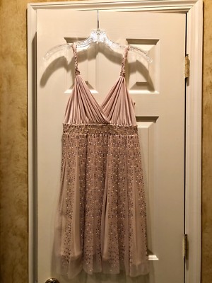 bcbg gold cocktail dress Bcbg Women's Sleeveless Smocked Gold Foil Ruffle Mini Dress