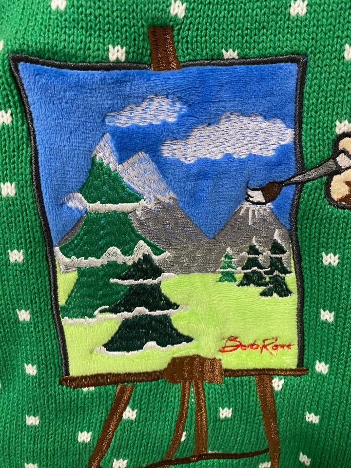 SUÉTER VERDE BOB ROSS ESTE ES MI PEQUEÑO FELIZ NAVIDAD Iluminado Feo Talla M Foto 4 de 4