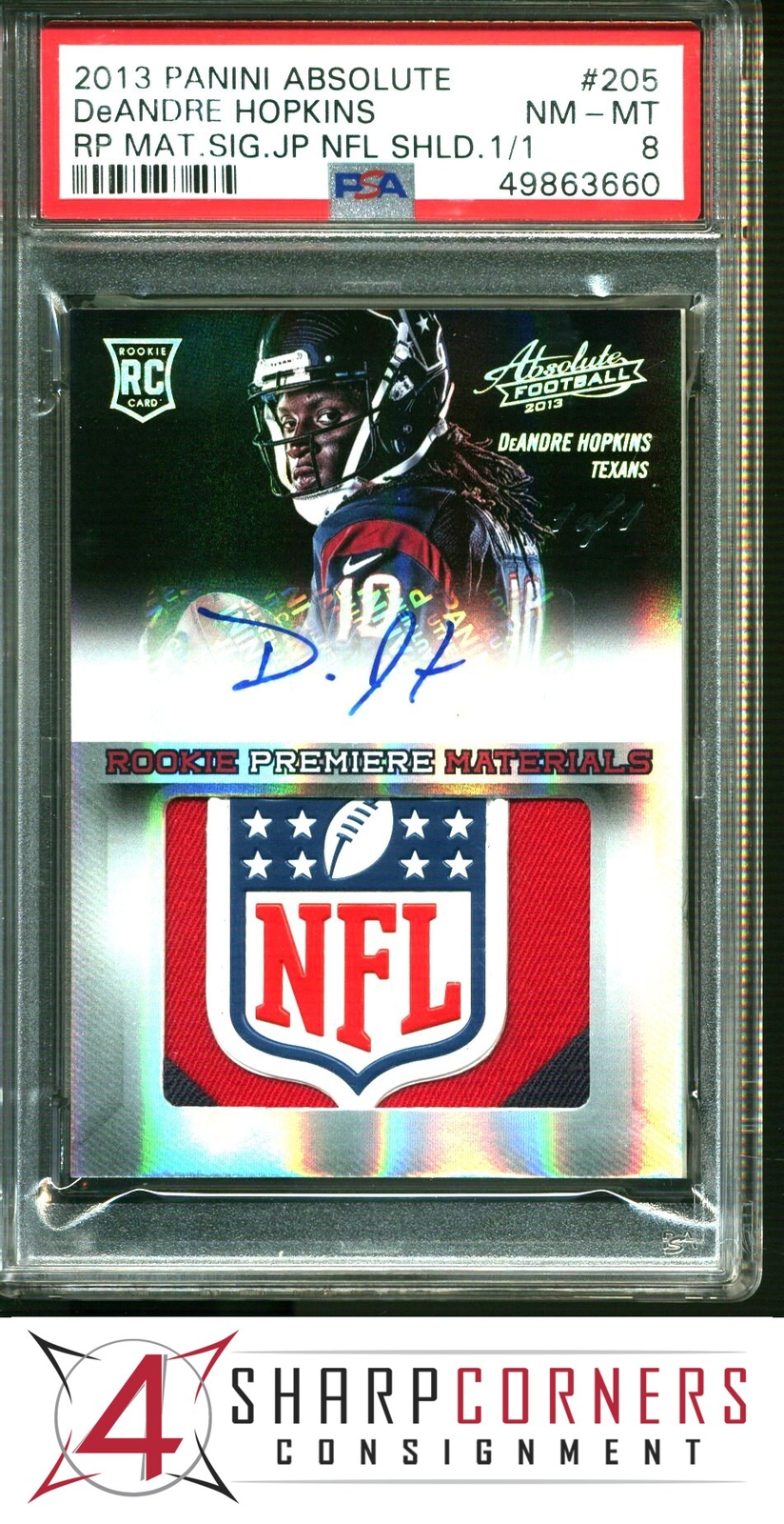DeAndre Hopkins Panini Absolute #205 Rookie Premiere Materials Signature Jumbo Prime NFL Shield 1/1