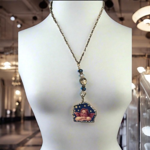 Cherub Broken China Pendant Caged in Silver Blend Metalwork with Crystal Beads - Picture 7 of 15