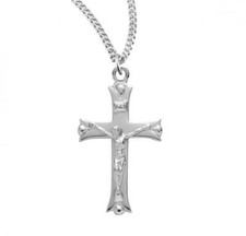 Leaf Tipped Sterling Silver High Polished Crucifix Features 18in Long chain