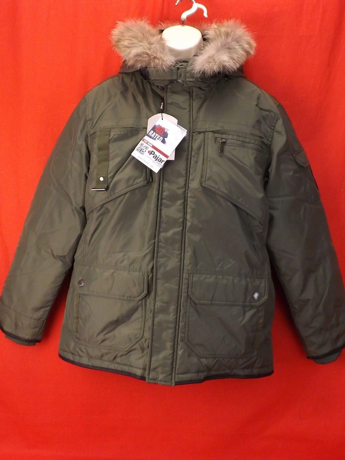 NEW PAJAR CANADA OLIVE NYLON COYOTE FUR HOODIE WINTER JAMES GOOSE DOWN JACKET L