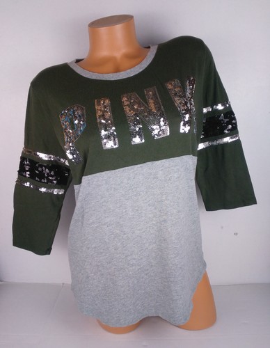 Victoria's Secret VS PINK Bling Sequin T-Shirt Logo Olive Green Medium M