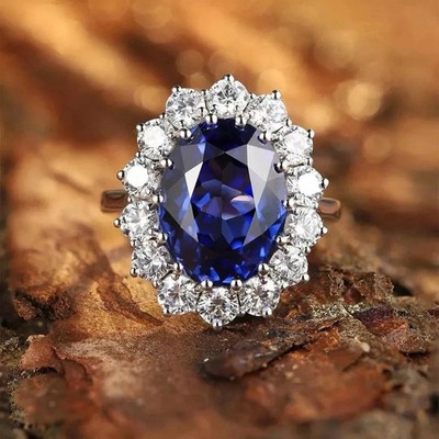 5.00 Ct Oval Cut Natural Sapphire & Diamond 14K White Gold Engagement Ring