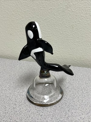 VINTAGE GLASS KILLER WHALE ORCA ART FIGURINE, BLOWN GLASS WHALE COLLECTIBLE