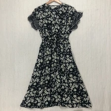 Max Studio Black Floral Midi Dress Ruffle Short Sleeve Tie Waist V Neck